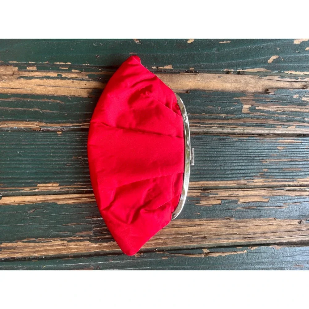 Vintage Red Satin Pleated Evening Clutch Bag Silver Frame Formal Handbag